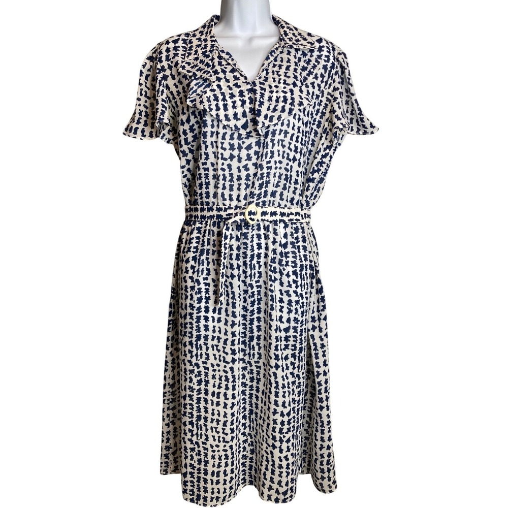 VTG 60s  ifi Navy White Print Midi Shirt Dress Sz 12P  Short Sleeve Mad-Men Era
